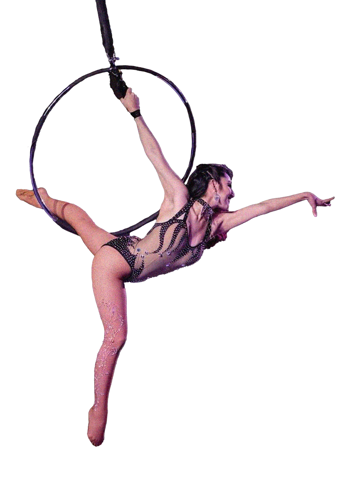 Lyra aerialist artist performing above the crowd in the Winter Circus